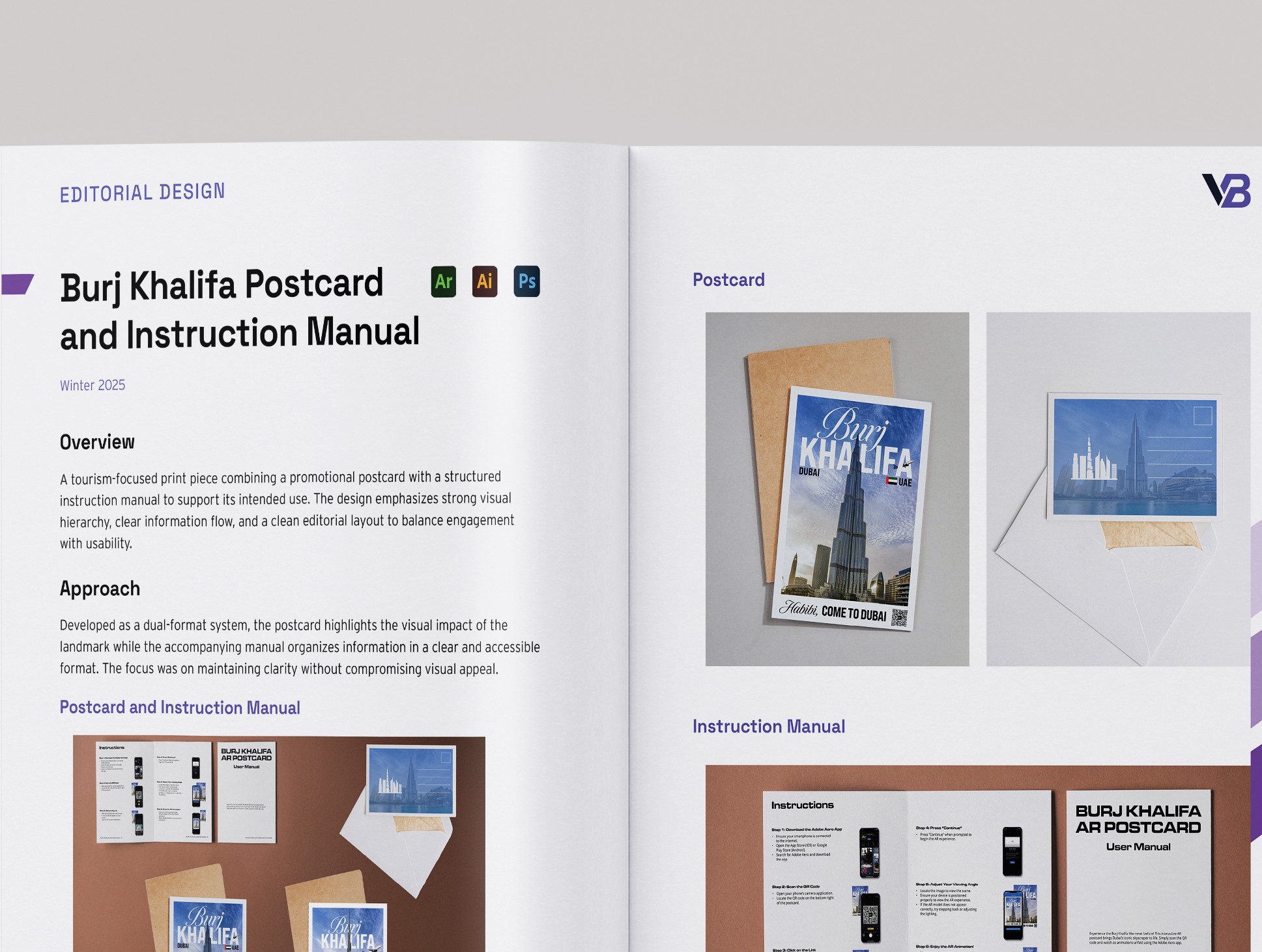 VB print portfolio interior spread featuring the Burj Khalifa project