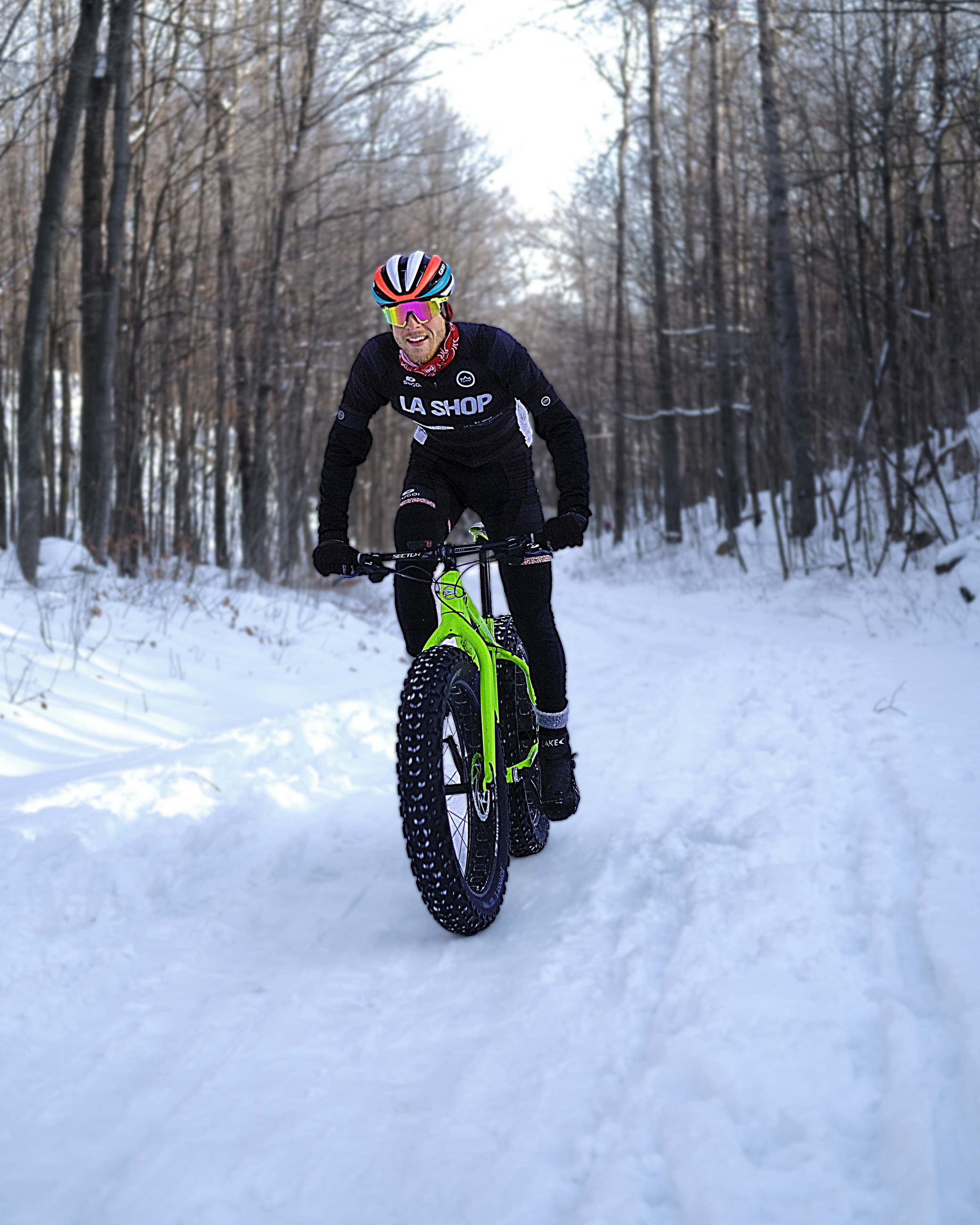 Winter mountain biking action photograph